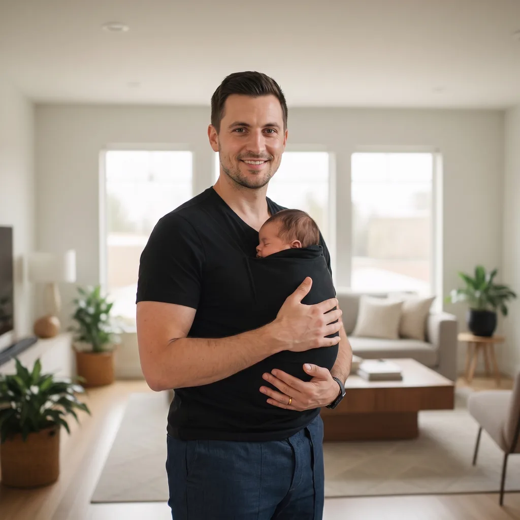 Papa mit Baby im Känguru-Shirt im Wohnzimmer