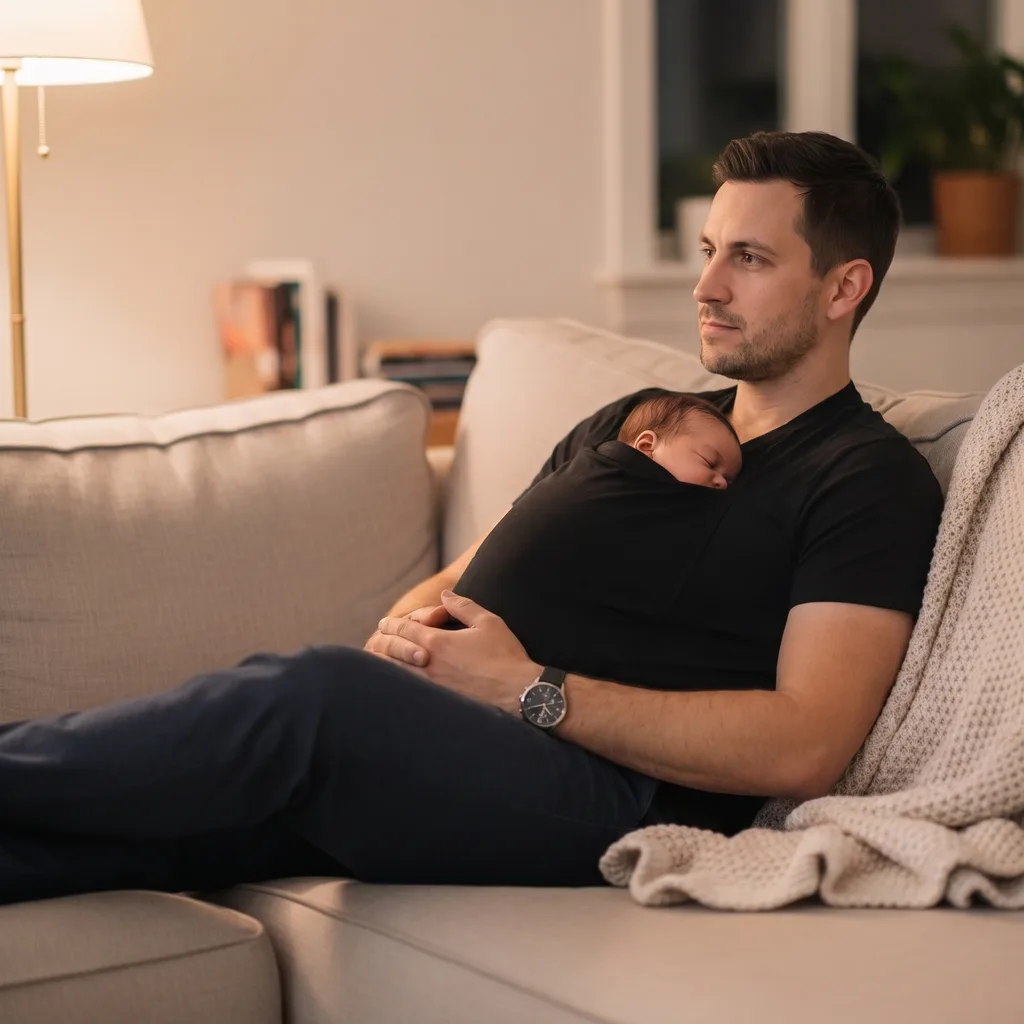 Papa entspannt mit Baby im Känguru-Shirt auf dem Sofa